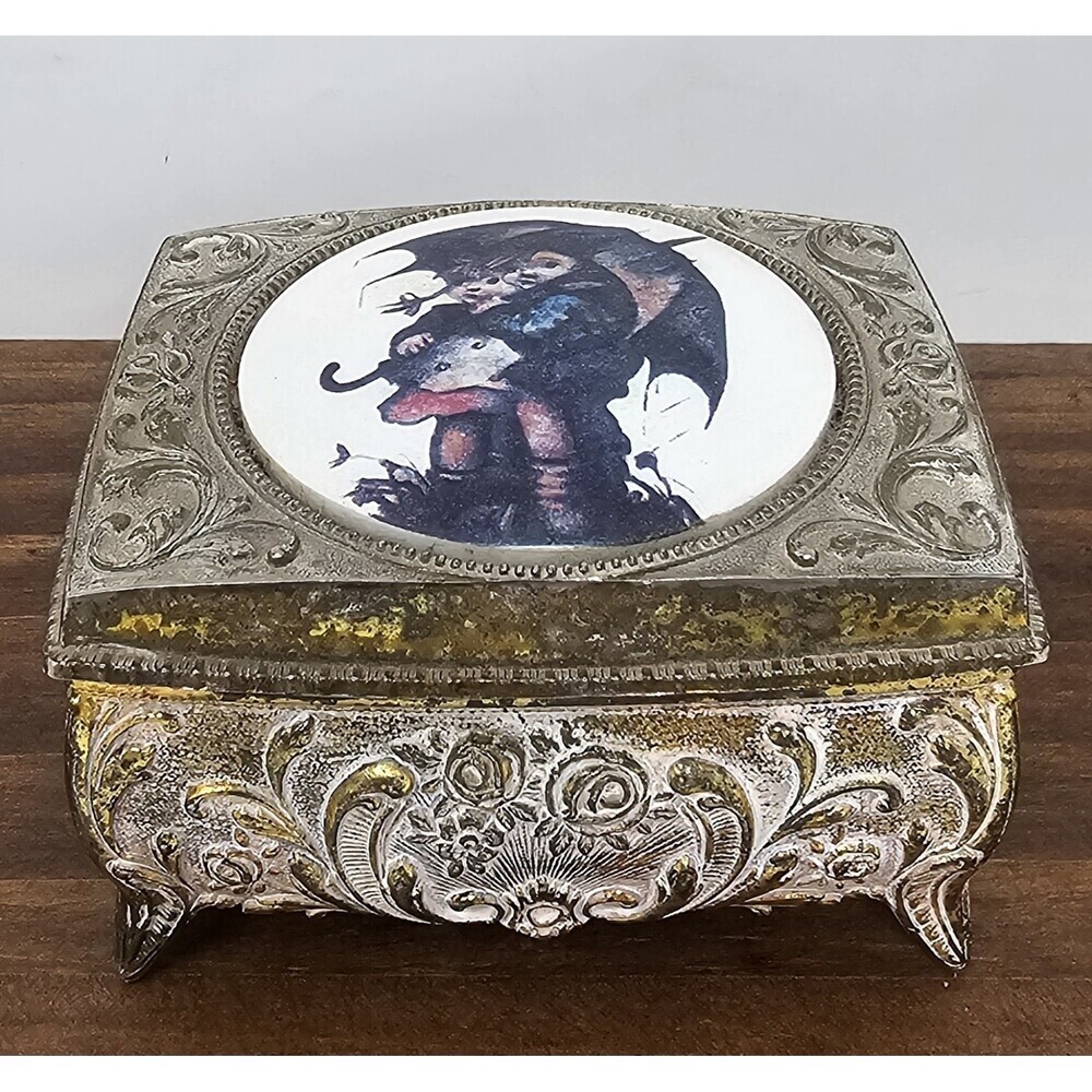 Vintage Farrington Hummel Gold Tone Rainy Day Small Hinged Footed Trinket Box